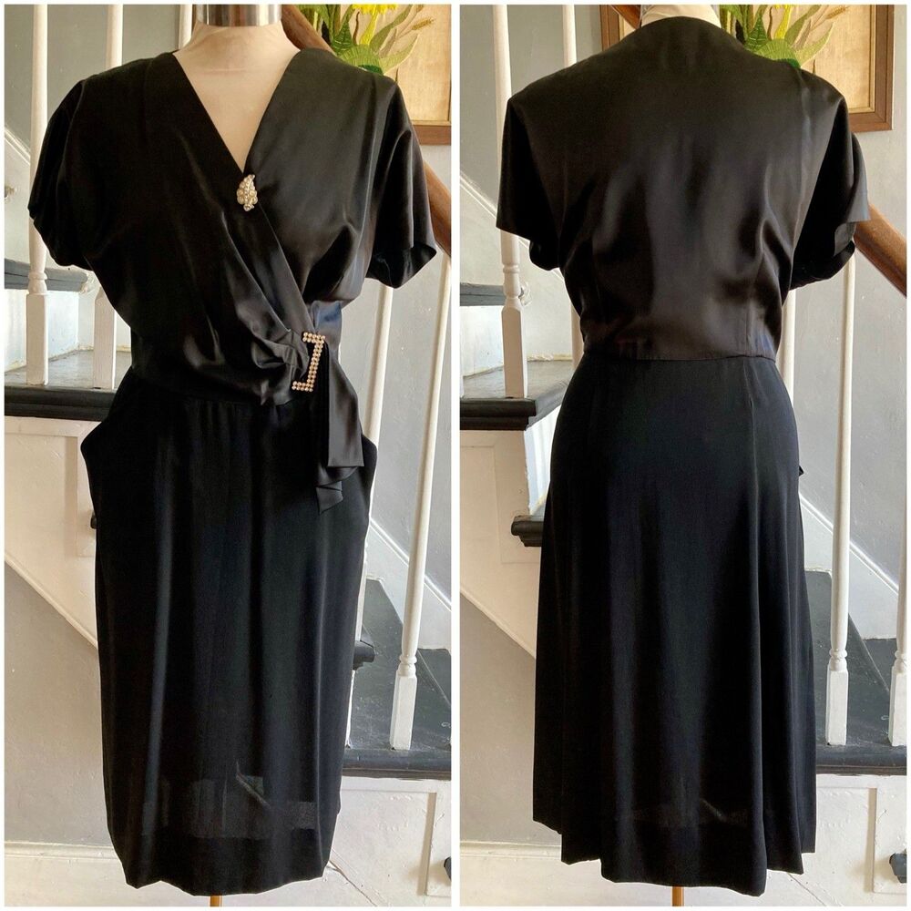 1940s 1950s Black Satin Cocktail Dress Rayon Swing Pockets Rhinestones Pinup